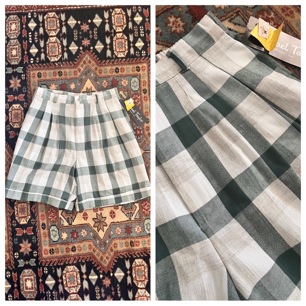 NWT Vintage Plaid gingham high waist linen shorts pleats cuffed 80s M